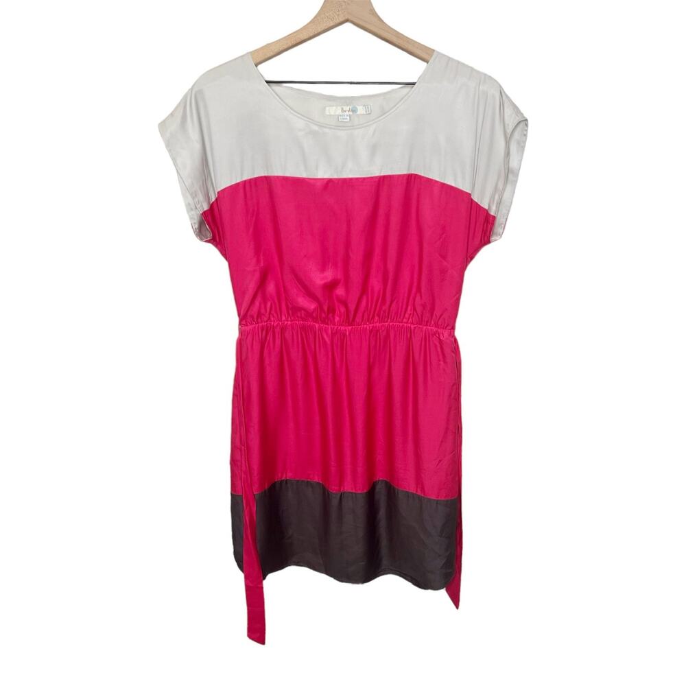 BODEN Women's Color Block Shift Dress Silk Viscose Taupe Pink Chocolate Belted 8